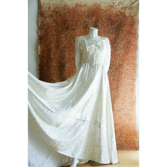 Vintage Light Ivory  Satin Flecked Wedding Dress w Train Detail S/M - Picture 10 of 11